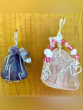 Bundle-2 Vintage Artisan Made Tumbled Stone Pendants-Rose Quartz & Amethyst